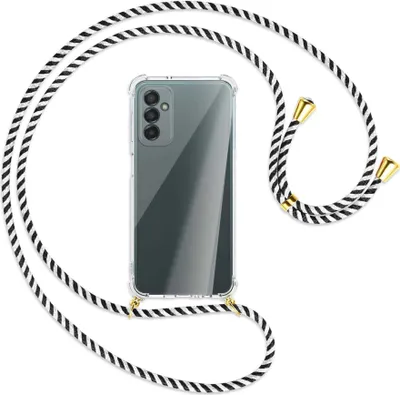 Produktbild von Handykette Backcover-Schutzhülle mit Band (Metall goldfarben) für Samsung Galaxy M23 - schwarz/weiß gestreift