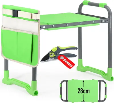 Zdjęcie produktu dla Ławka ogrodowa i taboret – 2 w 1 – z miękkim siedziskiem – wytrzymałość do 160 kg – w zestawie sekator