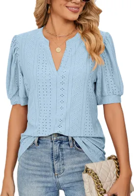 Produktbild von ASKSA Damen T-Shirt Puffärmel Aushöhlen Bluse V-Ausschnitt Sommer Kurzarm Shirts, Himmelblau, S