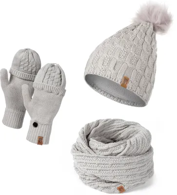 Produktbild von Mütze Schal Handschuh Set für Damen | Gefütterte Wintermütze mit Kunstfellbommel | Großer Loop Schal | Gestrickte Finger/Fingerlose- Winterhandschuhe für Touchscreen Grau