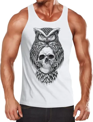 Produktbild von Herren Tank-Top Eule Totenkopf Owl Skull Schädel Muskelshirt Muscle Shirt Neverless® weiß L
