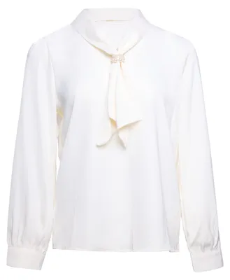 Produktbild von Damen Satinbluse weiß XS mit Schleifenkragen, langen Ärmeln und Perlenapplikationen