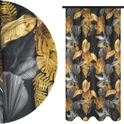 A close-up view of a curtain with a tropical leaf pattern in gold and gray on a black background, shown next to a full-length view of the same curtain.