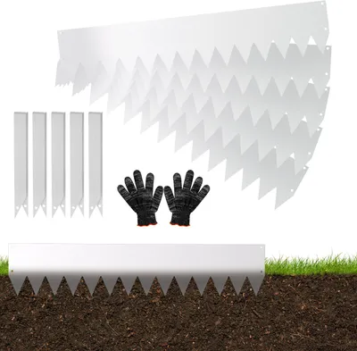 Produktbild von Izrielar Rasenkante mit Spitzen Metall 100 x 20 cm 50m Beeteinfassung Mähkante Verzinkt Wegbegrenzung Beetumrandung Palisade inkl. Handschuhe Silber