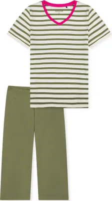 Produktbild von SCHIESSER Damen Schlafanzug Set - Nachtwäsche, 3/4 Kurzarm, Pyjama, Muster, Baumwolle Grün/Weiß XXL