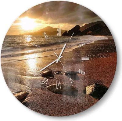 Produktbild von DEQORI Glasuhr Ø50 cm Römisch 'Strand im Sonnenuntergang' Wanduhr Glas Uhr Design leise