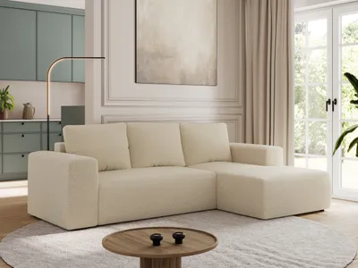 Produktbild von MKS MEBLE Sofa mit Schlaffunktion - Ecksofa mit Schlaffunktion und Bettkasten - Sofa 3 Sitzer - Schlafsofa - Couch - Schlafsofa mit Bettkasten - Trentino L - Beige Boucle - Rechts