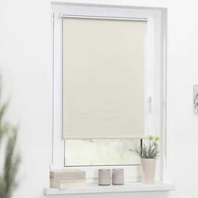 A roller blind is shown in a window, with some decorative items on the windowsill.