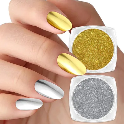 Image de Kit de poudre pour ongles, 2 couleurs : Aurora, perle, argent, or. Poudre scintillante métallique pour nail art