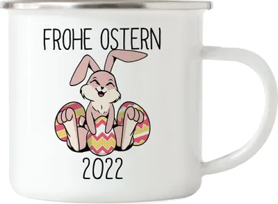 Produktbild von Frohe Ostern 2022 Emaille Tasse Osterhase Osterei Ostergeschenk Ostern