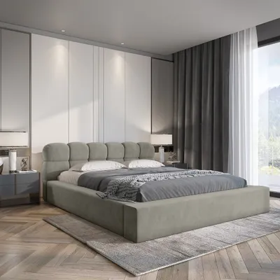 Produktbild von Polsterbett Doppelbett GROVE Komplettset 160x200cm in Stoff Ditra Zementgrau