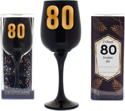 Zdjęcie produktu dla kieliszek urodzinowy do wina czarny w ozdobnym opakowaniu Z Okazji 80 Urodzin dla...