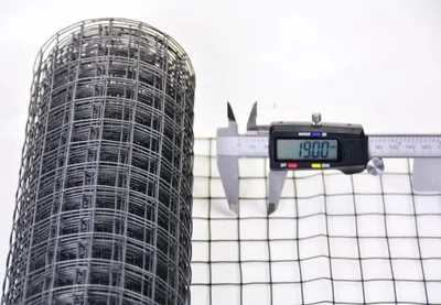 A roll of wire mesh is shown next to a digital caliper measuring the mesh size.