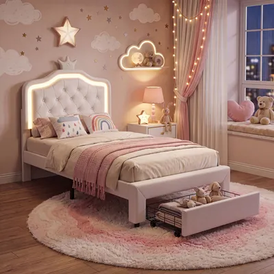 Immagine prodotto di Letto per bambini INONEFT, modello "Principessa", 90x200 cm, con struttura imbottita, luci LED e cassetti, letto per bambine con testiera a forma di , letto singolo, realizzato in PU, colore bianco