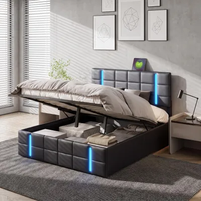 Zdjęcie produktu dla Łóżko tapicerowane INONEFT, 160x200 cm, z portem USB, łóżko platformowe z hydraulicznym podnoszeniem, stelażem i miejscem do przechowywania, łóżko młodzieżowe, sztuczna skóra, kolor czarny