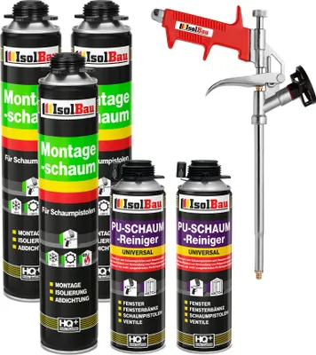 Produktbild von Isolbau Bauschaum-Set - Inkl. 3x 1K Montageschaum Pistolenschaum (je 750 ml), 1x Schaum-Pistole & 2xPU-Schaum-Reiniger (500 ml)