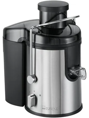 A close-up studio shot of a silver and black juicer.