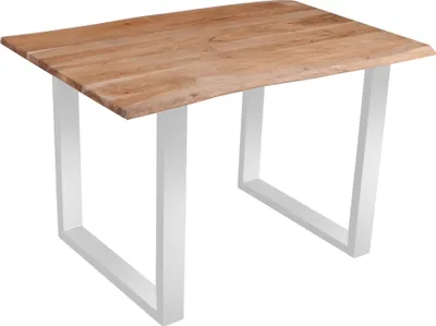 Produktbild von Esszimmertisch 140x80 cm Quinn, echte Baumkante, eichefarben, massiver Esstisch aus Akazienholz, Metallbeine Silber, Baumkantentisch