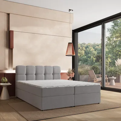 Produktbild von Masseno Boxspringbett MERU 180x200 cm Komplett-Set mit Bonell Matratze und Topper, Polsterbett mit Bettkästen -Grau, SORO 90