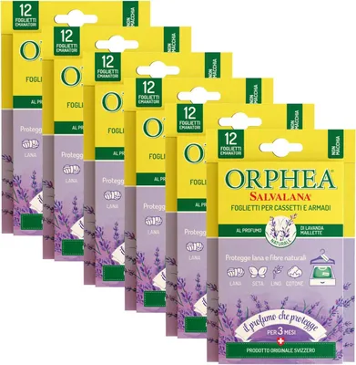 Obrázok produktu pre Orphea Salvalana, Emanovačné listy do zásuviek a skríň, na vlnu a oblečenie počas celej sezóny, 6 X 12 listov, vôňa levandule