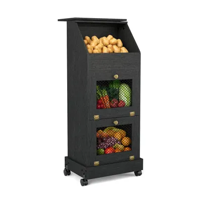 Produktbild von Puluomis Küchenregal Gemüsebehälter mit Rollen, Gemüsebox mit Belüftung und Brotfach, Aufbewahrung von Obst und Gemüse , Kartoffelbox schwarz