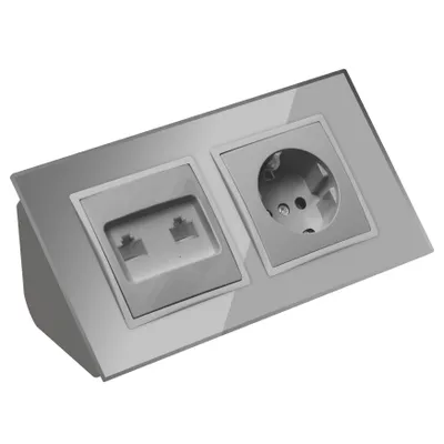 Produktbild von Glas Ecksteckdose Steckdose 2xRJ45 Steckdosenblock 45° Verteilerdose silber.