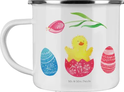 Produktbild von Mr. & Mrs. Panda Emaille Tasse Küken Schlüpfen - Weiß - Geschenk, Pott, Ostern, Liebe Grüße, becher, Blechtasse, Teetasse, Ei, Frohe, Ostergrüße, Haferl