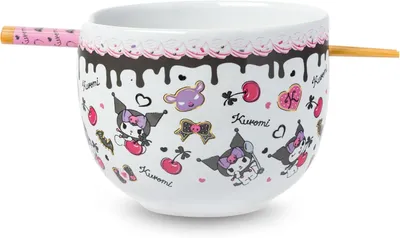 Produktbild von Sanrio Hello Kitty und Freunde Kuromi Schokoladen-Kirsch-Keramikschale für Ramen, Nudeln und Reis mit Essstäbchen, mikrowellengeeignet, 590 ml | Hello Kitty und Freunde Kuromi, Schokolade, Kirsche, Keramik, Nudel- und Reisschale, mikrowellengeeignet, 0,59 Liter