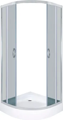 A white shower cabin with glass doors and a white base.