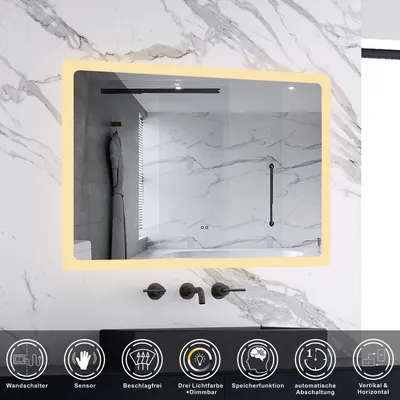 Produktbild von AICA Badspiegel mit Beleuchtung 70x50cm Sensor-Schalter Beschlagfrei Kalt/Neutral/Warmweiß dimmbar Memory-Funktion LED Wandspiegel IP44