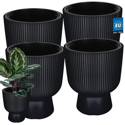 Produktbild von KOTARBAU® 4er Set Blumentopf ⌀ 29cm Orchideentopf Übertopf mit Innentopf Pflanzentopf mit Sockel Geriffelt Kelchform Pflanzkübel aus Kunststoff Anthrazit