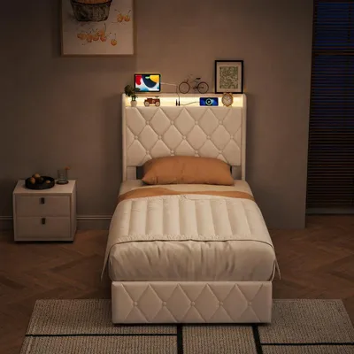 Obrázok produktu pre UnboxG čalúnená posteľ 90x200 cm, béžová, zamatová, s úložným priestorom, hydraulická posteľ s LED osvetlením, USB a nabíjacím portom typu C, jednolôžková posteľ s roštom