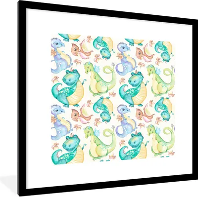Produktbild von MuchoWow® Gerahmtes Poster Dinosaurier - Aquarell - Kinder - Kinder - Kinder 40x40 cm - Poster mit Schwarzem Bilderrahmen Wandposter Rahmen Foto Bilder - Poster - Plakat im Rahmen
