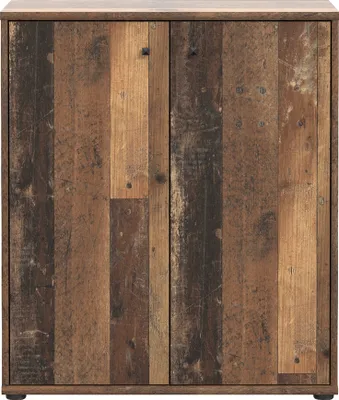 A front view of a wooden cabinet with two doors.