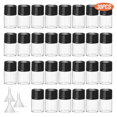 30 transparente Glasflaschen 2 ml mit Deckeln & Trichtern