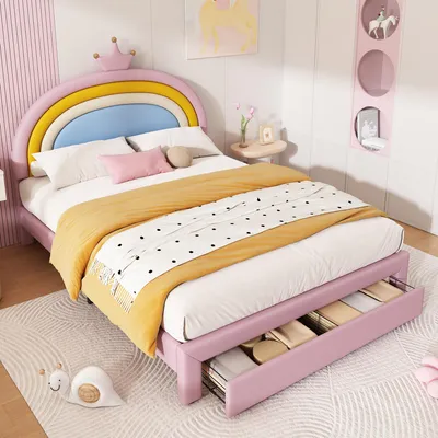 Imagen del producto de Cama para niños/adolescentes MODFU, 140x200 cm, color rosa. Cama tapizada con cabecero con diseño de arcoíris, cama con espacio de almacenamiento que incluye 2 cajones y cabecero ajustable en altura. Sin colchón incluido