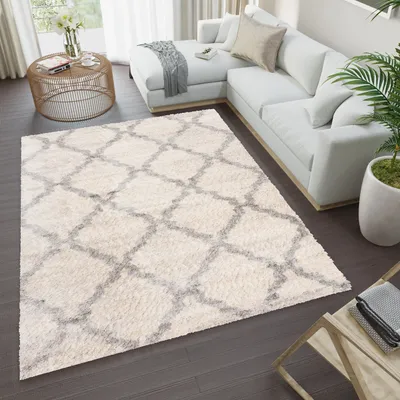 Immagine prodotto di Tappeto soggiorno camera da letto design moderno shaggy a pelo lungo grigio crema ÖKOTEX 140 x 200 cm