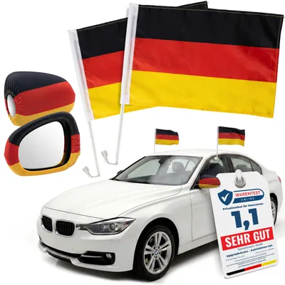 Produktbild von Upgrade4cars 2 x Deutschland Autofahne + Seitenspiegel Überzieher Fußball WM 2026 | Autoflagge Schwarz Rot Gold 45x30cm | Auto Nationalflagge Weltmeisterschaft Fanartikel MAX. 60 Km/h