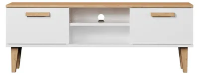 Imagen del producto de Mueble de TV de 120 cm, blanco, con tablero de roble, diseño moderno, con patas