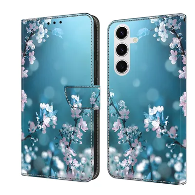 Produktbild von CLM-Tech Handyhülle kompatibel mit Samsung Galaxy A57 5G Hülle - Tasche aus Kunstleder - Klapphülle mit Ständer und Kartenfächern - Schutzhülle Wallet Case Cover Pflaumenblüte blau