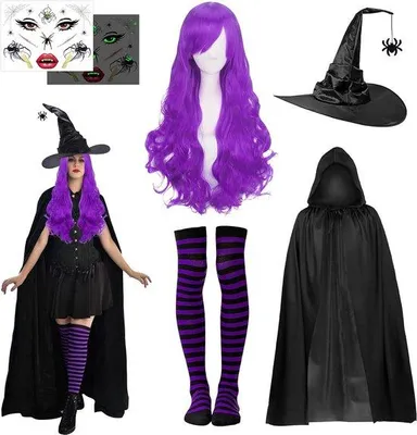 Productafbeelding van Heksenkostuum voor Halloween, heksenhoed, heksencape en pruik voor dames, cosplay en carnaval