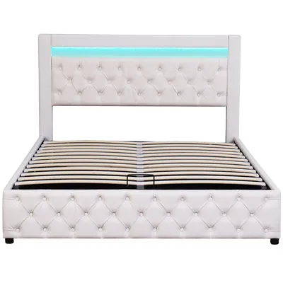 Produktbild von Merax Hydraulisches Boxspringbett 140x200cm Polsterbett mit Bettkasten und Lattenrost, LED-Beleuchtung und Aufbewahrungsfunktion, Stauraumbett Funktionsbett Doppelbett aus PU, Weiß