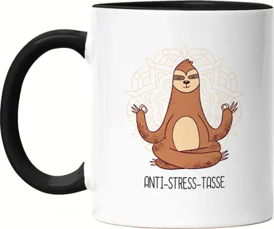 Produktbild von Anti-Stress Tasse Schwarz Ohmmm Lustig Spruch Ironie Faultier Geschenk-Idee Bürokollegen Chillen