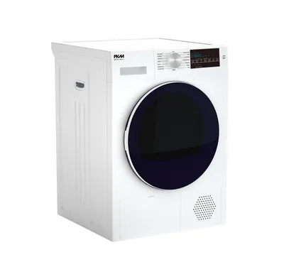 A white PKM washing machine is shown against a white background.