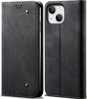 Image de Etui pour iPhone 15, étui portefeuille en cuir avec fermeture magnétique et support noir