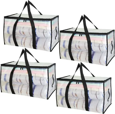 Productafbeelding van Opbergzakken 90 l, 4 stuks, transparant, met rits en handvatten, voor verhuizing