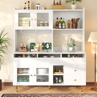 Produktbild von Flieks Küche Hochschränke Küchenbuffet mit Glastür, Küchenschränke Buffet mit Weingestell, Buffetschrank Highboard mit Offenen Staufächern, Weiß