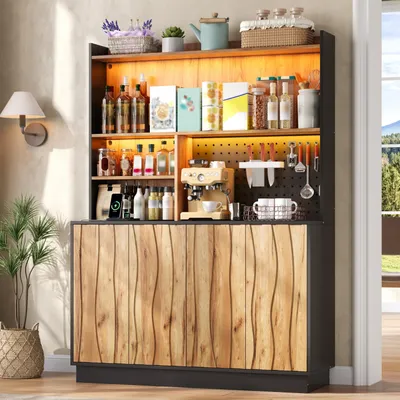 Produktbild von Flieks Küchenschrank mit LED-Beleuchtung, Steckdosen, hoher Stauraumschrank mit 4 Türen und Lochwand, Vorratsschrank 120x43x160cm, Naturholzfarbe