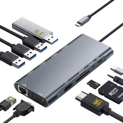Image de Adaptateur multiport USB-C, 11 en 1, avec sortie HDMI 4K, alimentation PD 100W, ports USB 3.0 et Ethernet