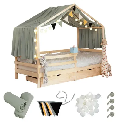 Produktbild von HOME DELUXE - Kinderbett Deko Set VELINDO - Farbe: Khaki, inkl. Wimpelkette, Vorhang und LED Lichterkette I Kinderbett Deko, Kinderzimmer Dekoration